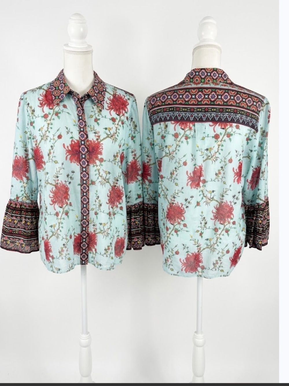 Alice + Olivia Mint Floral Blouse | Bell Sleeve | Boho Chic.